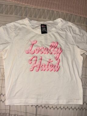 White Crop Tee with Pink "Locally Hated" Script